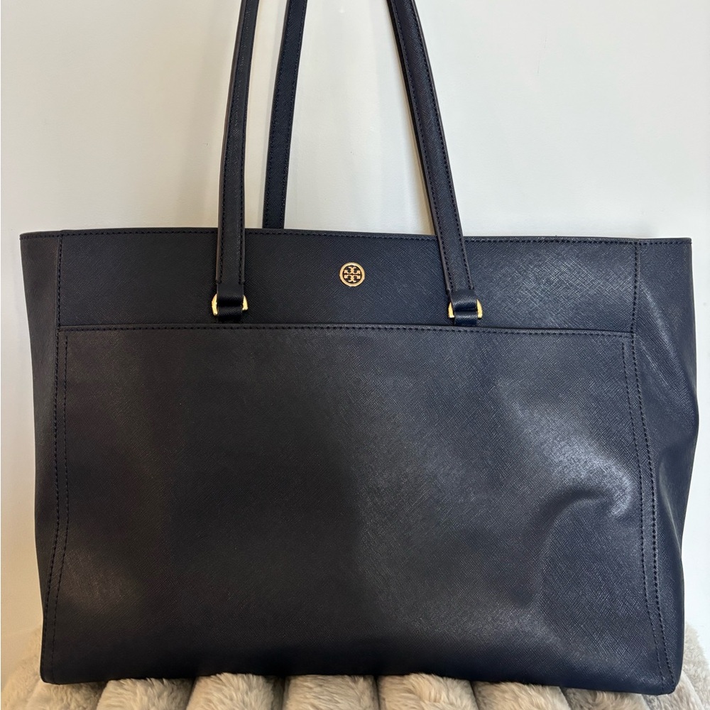 Tory Burch Navy Saffiano Leather Tote with Gold Logo